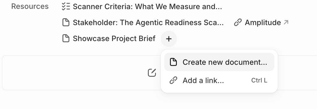 Project Resources menu with Create new document