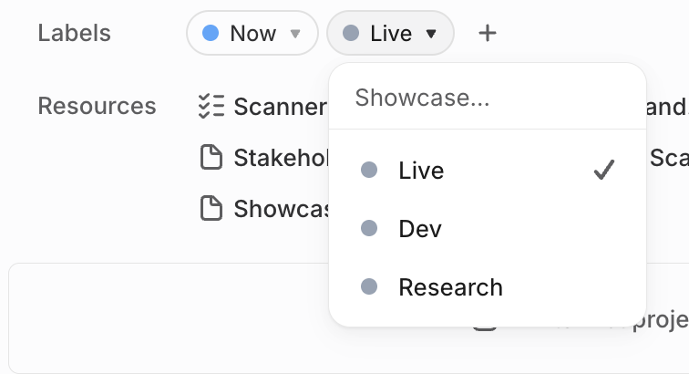Linear label picker showing the Showcase group: Live, Dev, Research